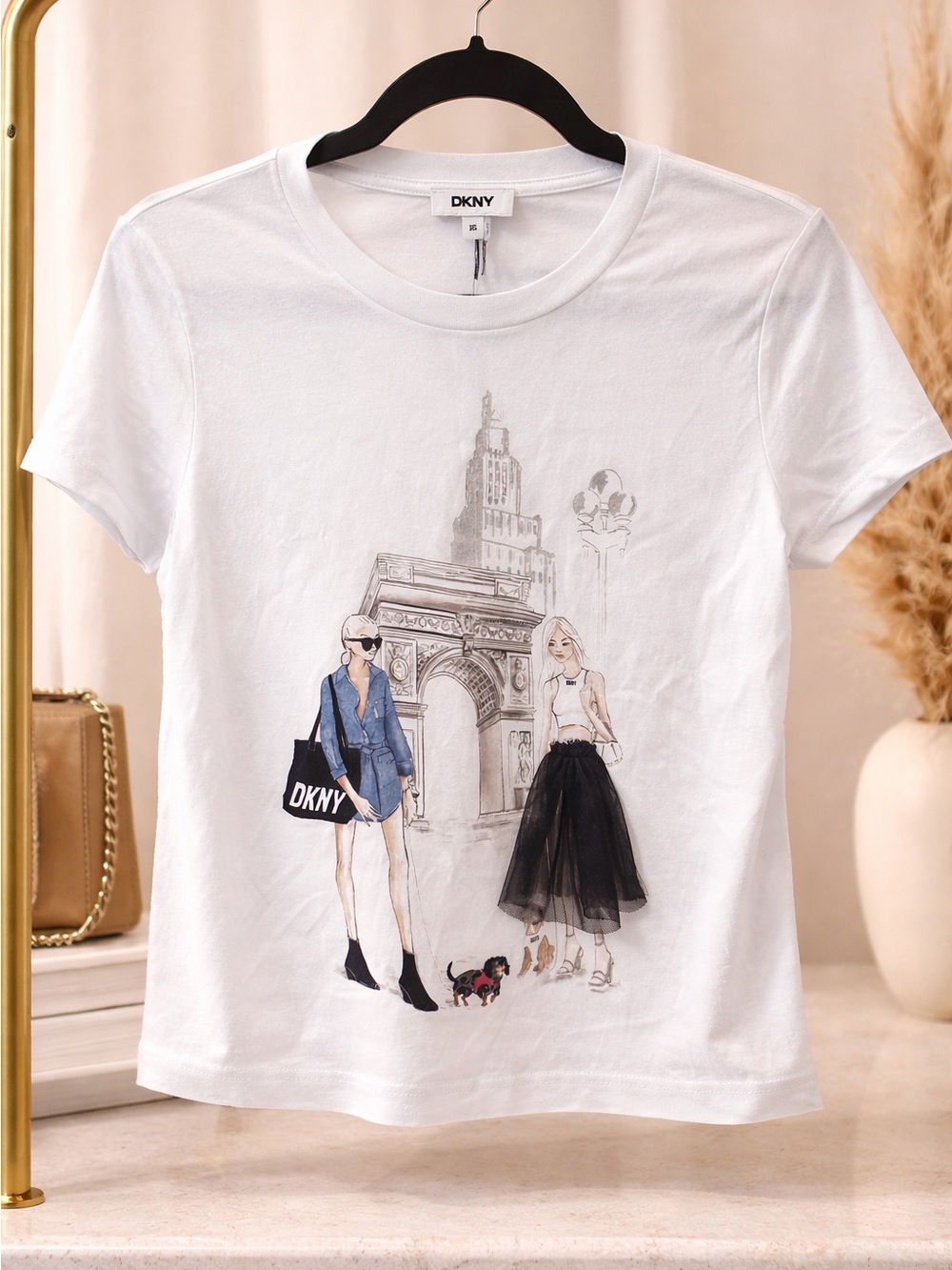 DKNY White Graphic Tee with Fashion Illustration and Black Accents-Brand new! ✨